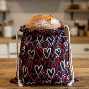 Cotton Heart Print Valentine Bread Bag, Reusable Sourdough Storage, Farmhouse